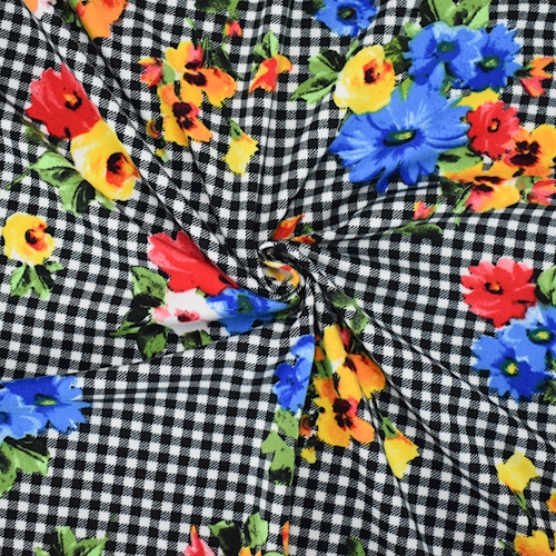 Black/White/Multi Floral Plaid Print Double Brushed ITY Knit