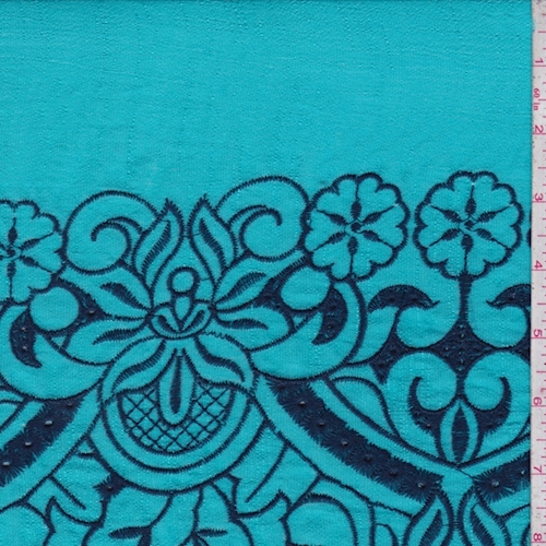 Turquoise/Navy Embroidered Floral Linen Look