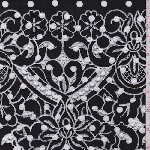 *1 YD PC--Black/White Dot Embroidered Floral Rayon Challis