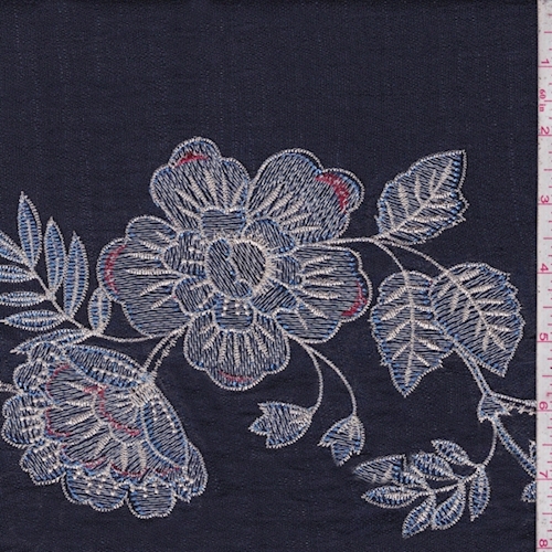 Vintage Navy Embroidered Floral Linen Look