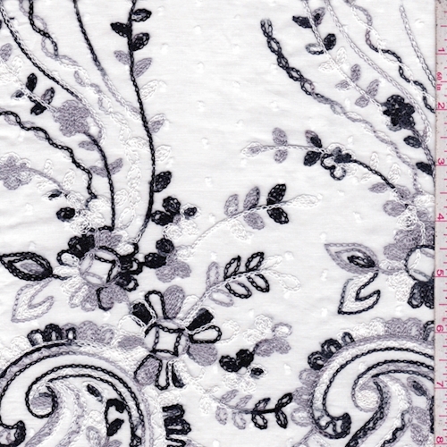 White/Dove/Black Embroidered Paisley Rayon Challis