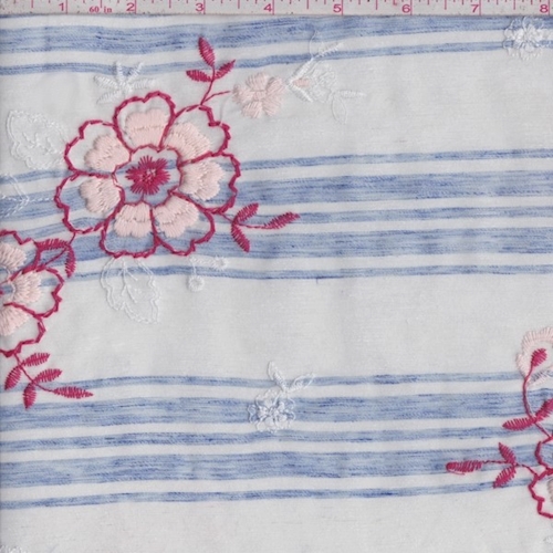 White/Blue Stripe Embroidered Floral Linen Look