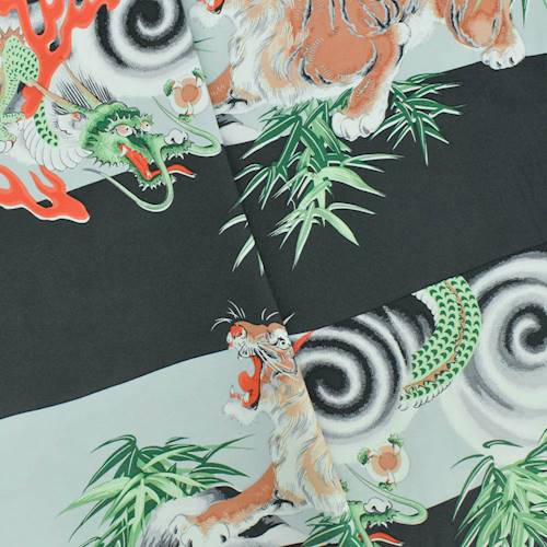 *1 YD PC--Black/Green/Multi Tiger and Dragon Rayon Print