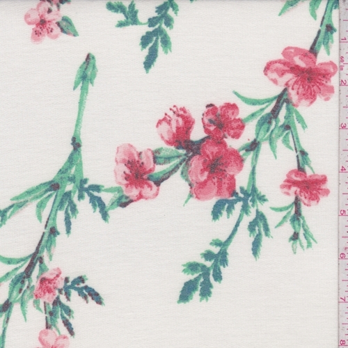 *3/4 YD PC--Ivory/Creamy Pink Floral Sprig Brushed French Terry Knit