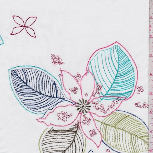 White/Turquoise/Pink Embroidered Floral Stretch