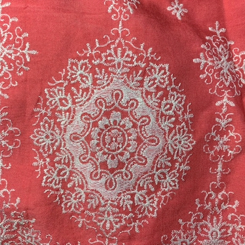 Coral Red/Ivory Embroidered Medallion Rayon Challis