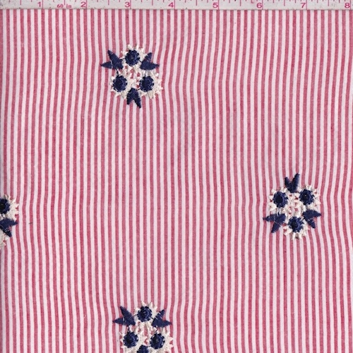 Red/White Stripe Embroidered Floral Seersucker