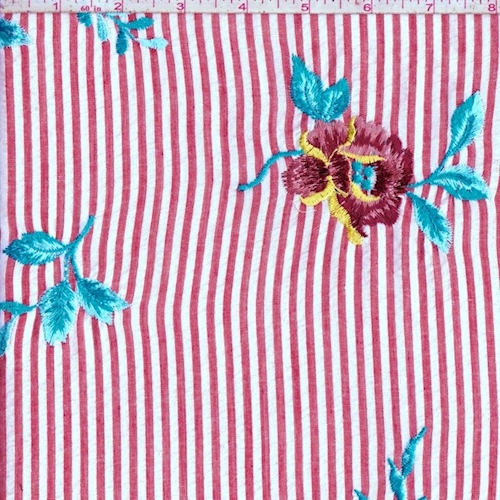 Deep Red/White Stripe Embroidered Floral Seersucker