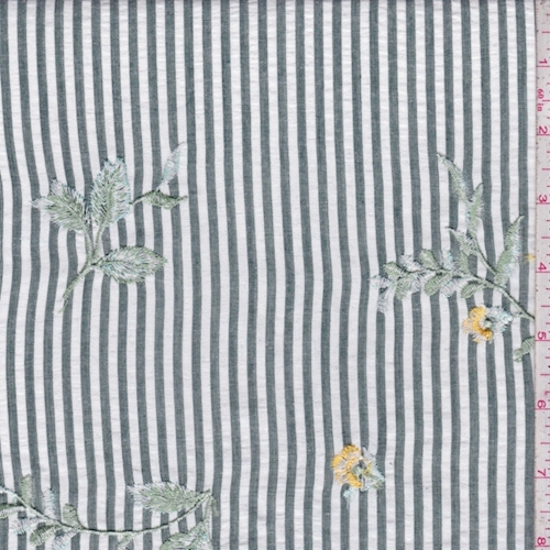 Forest/White Stripe Embroidered Floral Seersucker