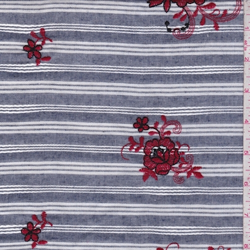 Dark Navy Stripe Embroidered Floral Linen Look