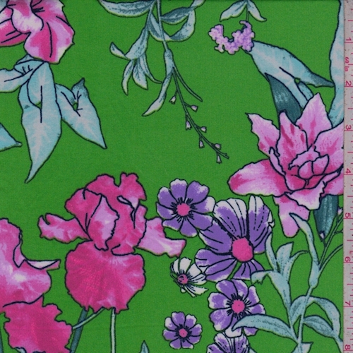 Bright Green/Fuchsia/Lilac Floral Double Brushed Jersey Knit