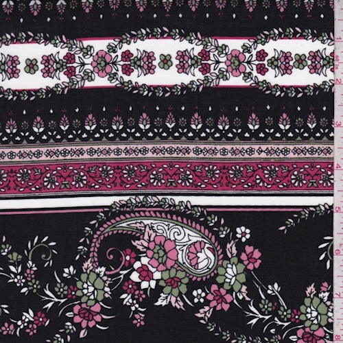 *3 3/8 YD PC--Black/Berry Stylized Stripe Print Cotton
