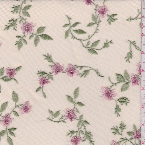 Pale Beige/Pink Floral Embroidered Stretch Mesh