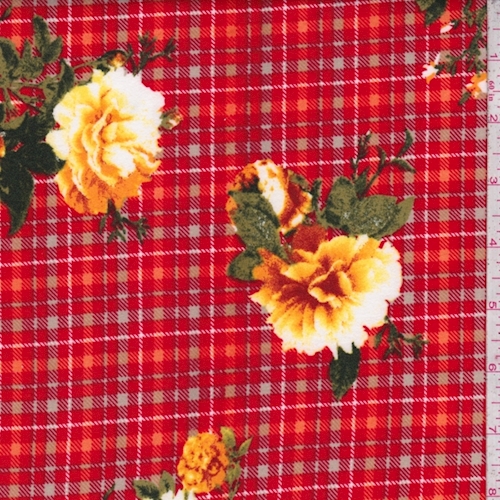 Red/Yellow Plaid Floral Double Brushed Jersey Knit