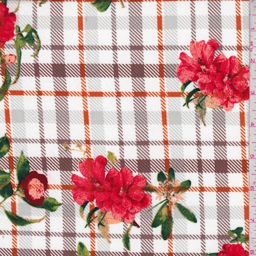 White/Salmon Plaid Floral Double Brushed Jersey Knit