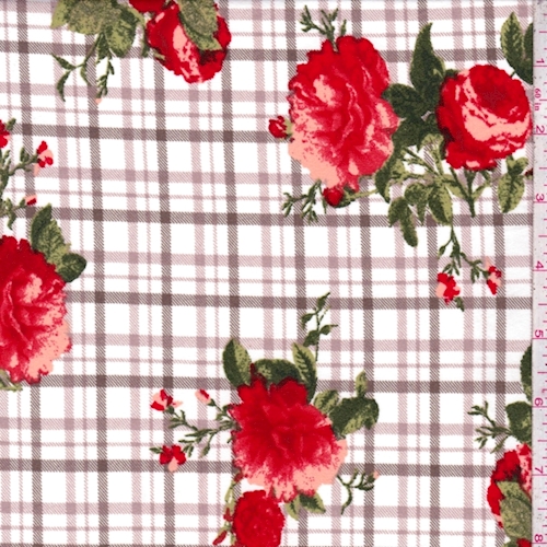 White/Red Plaid Floral Double Brushed Jersey Knit