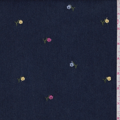 Dark Blue Embroidered Floral Stretch Denim