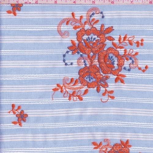 Light Blue Stripe Embroidered Floral Linen Look