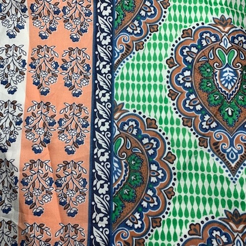 Blue/Green/Peach Medallion Stripe Cotton Lawn