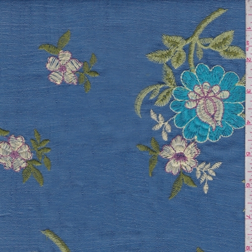 Ocean Blue Embroidered Floral Linen Look
