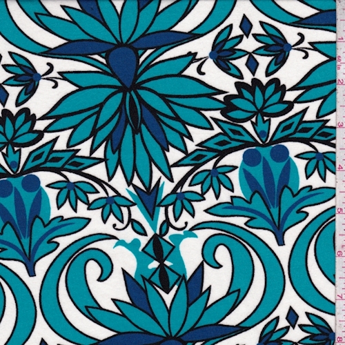 Ivory/Aqua/Blue Stylized Floral Rayon Jersey Knit