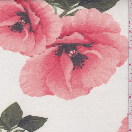 *1 YD PC--Cream/Salmon Peony Brushed French Terry Knit