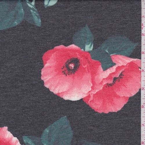 *4 YD PC--Slate/Coral Poppy Brushed French Terry Knit