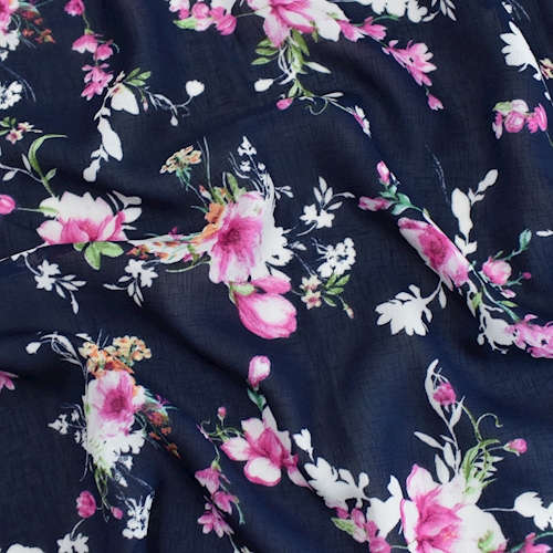 Navy/Purple/Multi Floral Printed Semi-Sheer Twill Voile