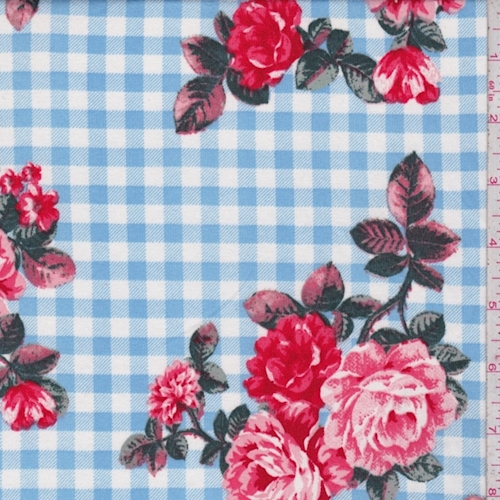 Powder Blue/White Floral Check Double Brushed Jersey Knit