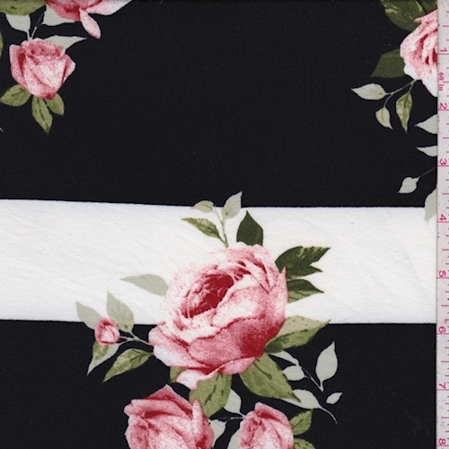 Black/White/Pink Floral Stripe Double Brushed Jersey Knit