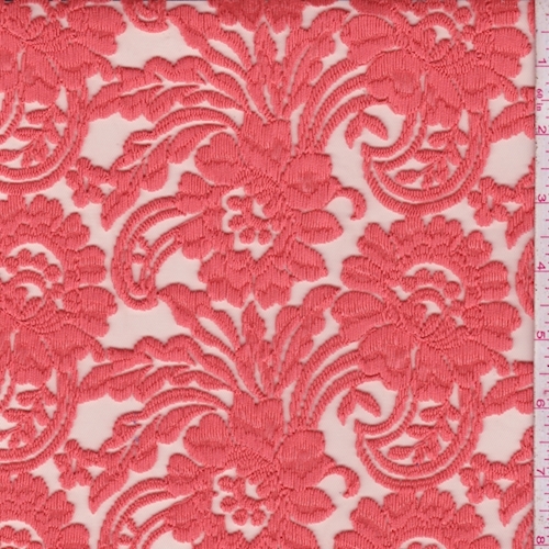 Coral Orange Embroidered Stylized Floral Tulle