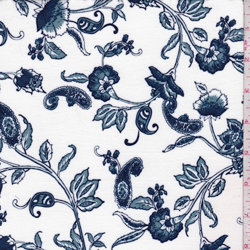 White/Blue Stylized Floral Double Brushed Jersey Knit