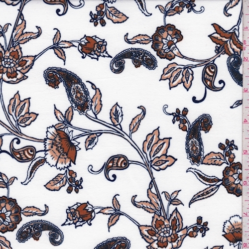White/Brown Stylized Floral Double Brushed Jersey Knit