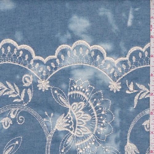 Blue Tie Dye Embroidered Floral Chambray Lawn