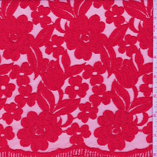 Vivid Red Embroidered Floral Tulle