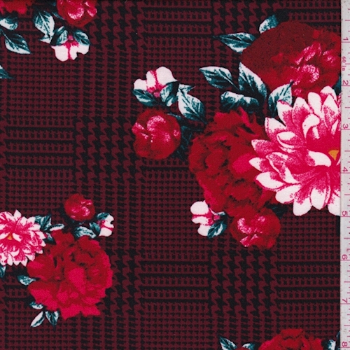 Burgundy/Red Glen Plaid Floral Double Brushed Jersey Knit