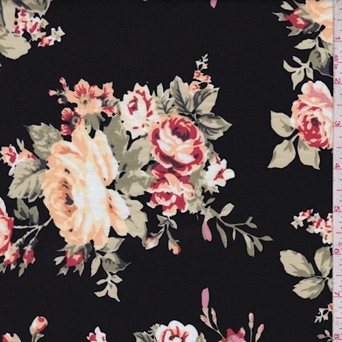 Black/Apricot Rose Bouquet Poplin
