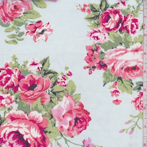 Pale Blue/Coral Floral Bouquet Poplin