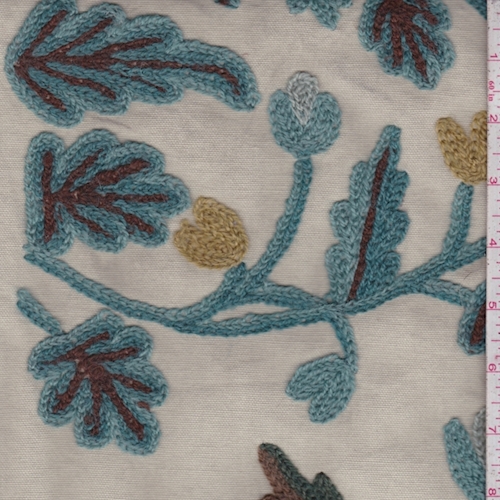 Natural/Light Teal Krewel Embroidered Canvas Decorating Fabric