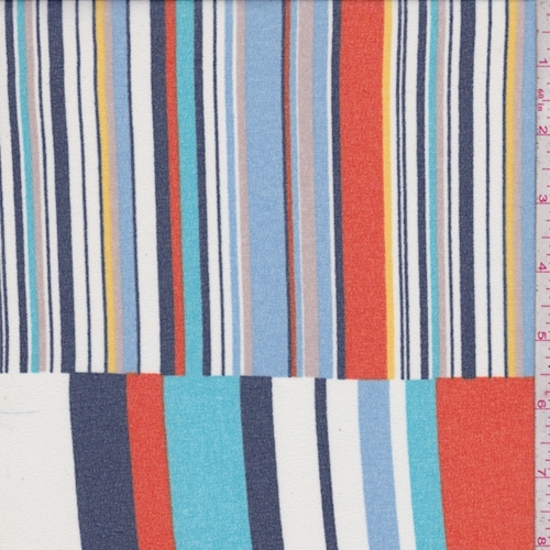 Turquoise/White/Orange Stripe Block Crepe Georgette