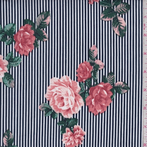 ITY Dark Navy/White/Salmon Floral Pinstripe Jersey Knit