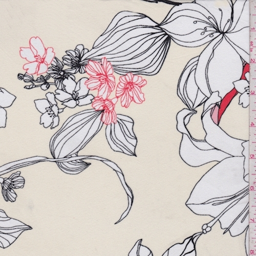 Yellow/White/Orange Sketch Floral Crepe de Chine