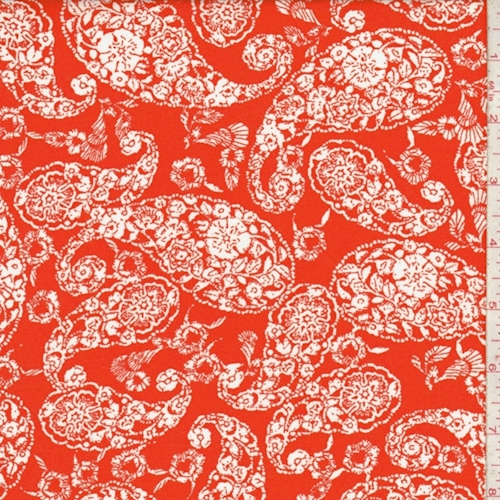 Coral Red/White Floral Paisley Rayon Challis