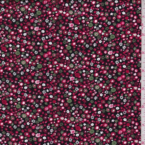 *4 1/4 YD PC--Black/Raspberry Red Mini Floral Print Cotton