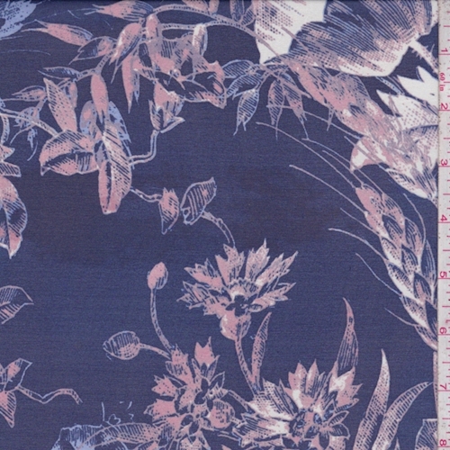 *2 7/8 YD PC--Deep Sea Blue/Mauve Sketch Floral Silk Chiffon