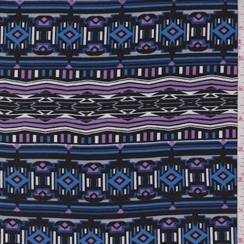 Bright Blue/Lilac/Black Southwest Stripe Rayon Challis