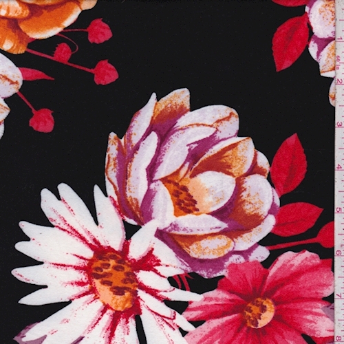 Black/Red/Fuchsia Floral Bloom Double Brushed Jersey Knit