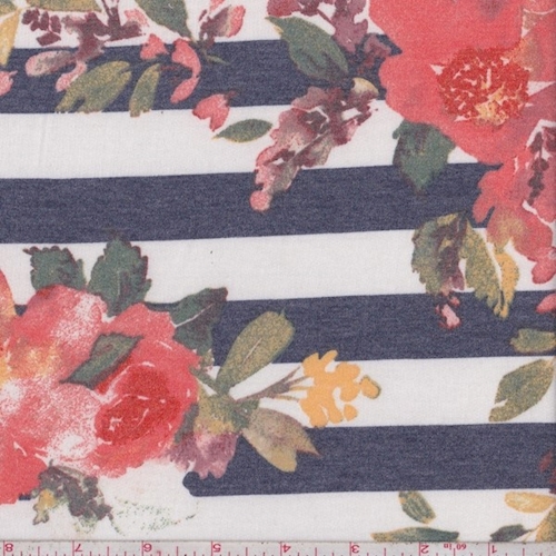 Navy/Coral Floral Stripe Baby French Terry Knit