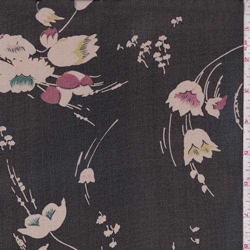 *2 1/2 YD PC--Black/Taupe Modern Floral Silk Chiffon