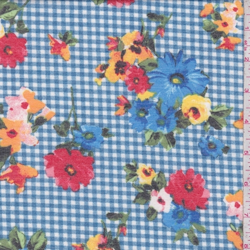 Blue Gingham Floral Baby French Terry Knit